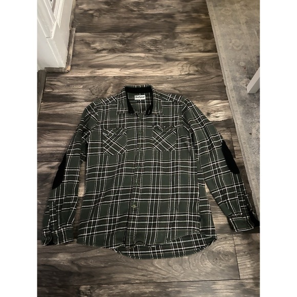 Barbour Elbow‎ Patch Heavy Flannel Cotton Plaid Shirt Green Men's M 487 - Picture 1 of 4